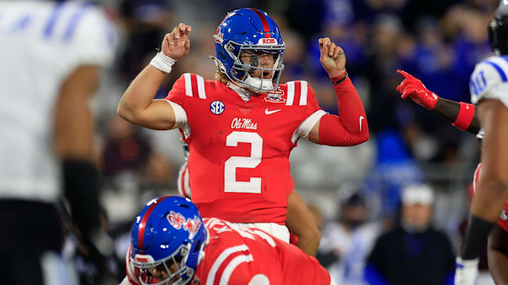 Mississippi Rebels quarterback Jaxson Dart (2) calls a play during the first quarter of the TaxSlayer Gator Bowl Thursday, Jan. 2, 2025 at EverBank Stadium in Jacksonville, Fla. [Corey Perrine/Florida Times-Union]