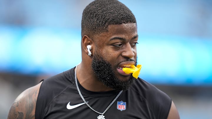 Jan 10, 2026; Charlotte, NC, USA; Los Angeles Rams linebacker Jared Verse (8) during pregame warm ups before the NFC Wild Card Round game between the Carolina Panthers and the Los Angeles Rams at Bank of America Stadium. Mandatory Credit: Jim Dedmon-Imagn Images Jan 10, 2026; Charlotte, NC, USA; Los Angeles Rams linebacker Jared Verse (8) during pregame warm ups before the NFC Wild Card Round game between the Carolina Panthers and the Los Angeles Rams at Bank of America Stadium. Mandatory Credit: Jim Dedmon-Imagn Images