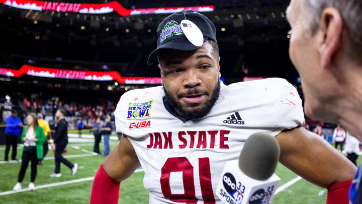 Dec 16, 2023; New Orleans, LA, USA; Jacksonville State Gamecocks defensive lineman Chris Hardie (91) talks to the media after the game against the Louisiana-Lafayette Ragin Cajuns at the Caesars Superdome. Mandatory Credit: Stephen Lew-USA TODAY Sports Dec 16, 2023; New Orleans, LA, USA; Jacksonville State Gamecocks defensive lineman Chris Hardie (91) talks to the media after the game against the Louisiana-Lafayette Ragin Cajuns at the Caesars Superdome. Mandatory Credit: Stephen Lew-USA TODAY Sports