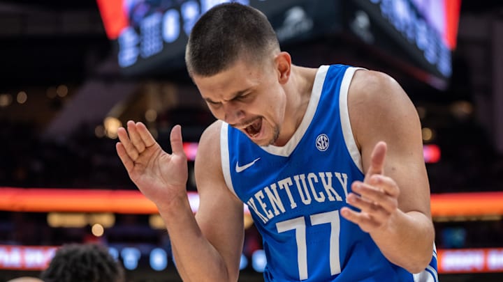 Dec 7, 2024; Seattle, Washington, USA; Kentucky Wildcats guard Kerr Kriisa (77) reacts during the first half against the Gonzaga Bulldogs at Climate Pledge Arena. Mandatory Credit: Stephen Brashear-Imagn Images Dec 7, 2024; Seattle, Washington, USA; Kentucky Wildcats guard Kerr Kriisa (77) reacts during the first half against the Gonzaga Bulldogs at Climate Pledge Arena. Mandatory Credit: Stephen Brashear-Imagn Images