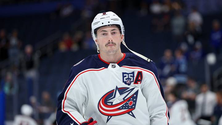 Mar 10, 2026; Tampa, Florida, USA; Columbus Blue Jackets defenseman Zach Werenski (8) warms up before a game against the before a game against the Tampa Bay Lightning at Benchmark International Arena. Mandatory Credit: Nathan Ray Seebeck-Imagn Images