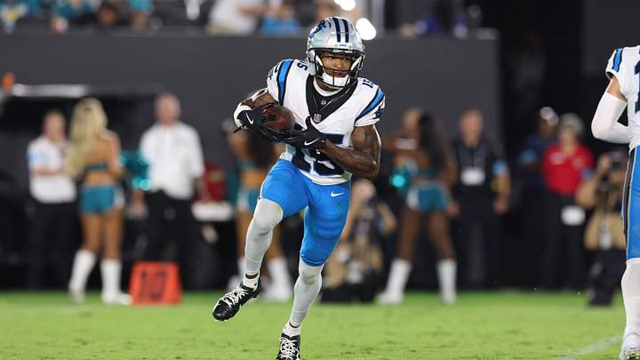 Aug 21, 2026; Jacksonville, Florida, USA; Carolina Panthers wide receiver Jimmy Horn Jr. (15) runs with the ball against the Jacksonville Jaguars in the second quarter during a preseason game at EverBank Stadium. Mandatory Credit: Nathan Ray Seebeck-Imagn Images