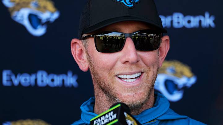 Jacksonville Jaguars head coach Liam Coen answers questions from the media after Day 11 of NFL training camp at the Miller Electric Center on Tuesday, Aug. 11, 2026, in Jacksonville, Fla.