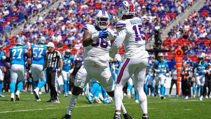 Aug. 15, 2026; Orchard Park, New York, USA; Buffalo Bills' defensive lineman Deone Walker (96) celebrates getting a sack with Bills' outside linebacker Greg Rousseau (15) during the first half of a preseason game at Highmark Stadium. Aug. 15, 2026; Orchard Park, New York, USA; Buffalo Bills' defensive lineman Deone Walker (96) celebrates getting a sack with Bills' outside linebacker Greg Rousseau (15) during the first half of a preseason game at Highmark Stadium.