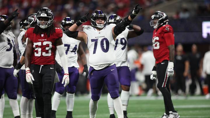 Oct 11, 2026; Atlanta, Georgia, USA; Baltimore Ravens offensive tackle Roger Rosengarten (70) reacts to an offisides penalty during overtime against the Atlanta Falcons at Mercedes-Benz Stadium. Mandatory Credit: Brett Davis-Imagn Images Oct 11, 2026; Atlanta, Georgia, USA; Baltimore Ravens offensive tackle Roger Rosengarten (70) reacts to an offisides penalty during overtime against the Atlanta Falcons at Mercedes-Benz Stadium. Mandatory Credit: Brett Davis-Imagn Images
