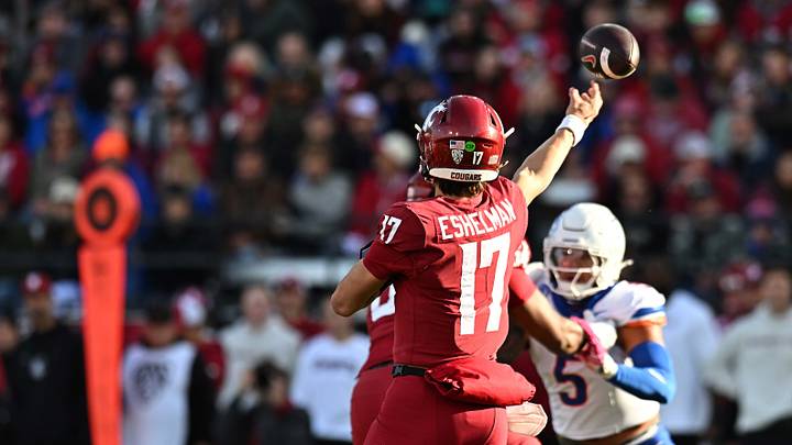 Washington State Cougars quarterback Owen Eshelman (17) throws against the Boise State Broncos during the first half at Gesa Field at Martin Stadium. Washington State Cougars quarterback Owen Eshelman (17) throws against the Boise State Broncos during the first half at Gesa Field at Martin Stadium.