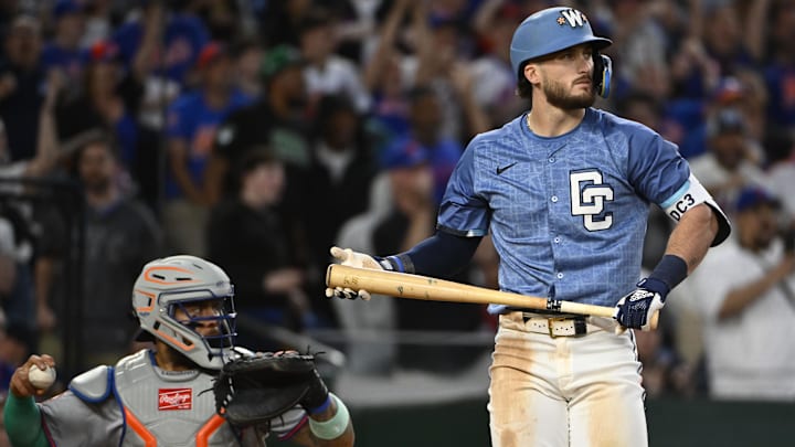 Apr 26, 2025; Washington, District of Columbia, USA; Washington Nationals outfielder Dylan Crews (3) reacts after striking out against the New York Mets during the ninth inning at Nationals Park.