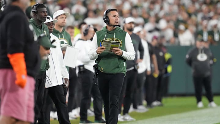 Sep 11, 2025; Green Bay, Wisconsin, USA; Green Bay Packers head coach Matt LaFleur looks on in the fourth quarter against the Washington Commanders at Lambeau Field. Mandatory Credit: Jeff Hanisch-Imagn Images