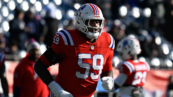 Dec 1, 2024; Foxborough, Massachusetts, USA; New England Patriots offensive tackle Vederian Lowe (59) warms up before a game against the Indianapolis Colts at Gillette Stadium. Dec 1, 2024; Foxborough, Massachusetts, USA; New England Patriots offensive tackle Vederian Lowe (59) warms up before a game against the Indianapolis Colts at Gillette Stadium.