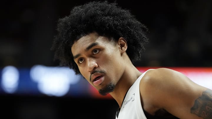 Jul 12, 2025; Las Vegas, NV, USA; San Antonio Spurs guard Dylan Harper (2) looks on in the third quarter of their game against the Dallas Mavericks at Thomas & Mack Center. Mandatory Credit: Candice Ward-Imagn Images