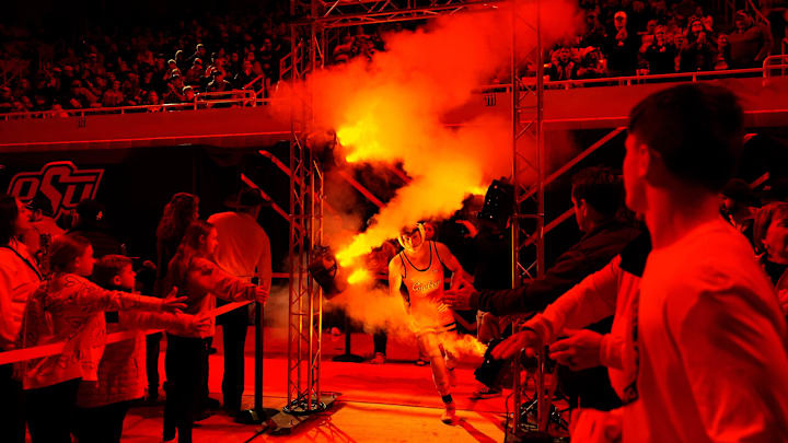 Oklahoma State's Tagen Jamison is introduced during the college wrestling dual between Oklahoma State and Air Force at Gallagher-Iba Arena in Stillwater, Okla., Friday, Jan., 3, 2025.