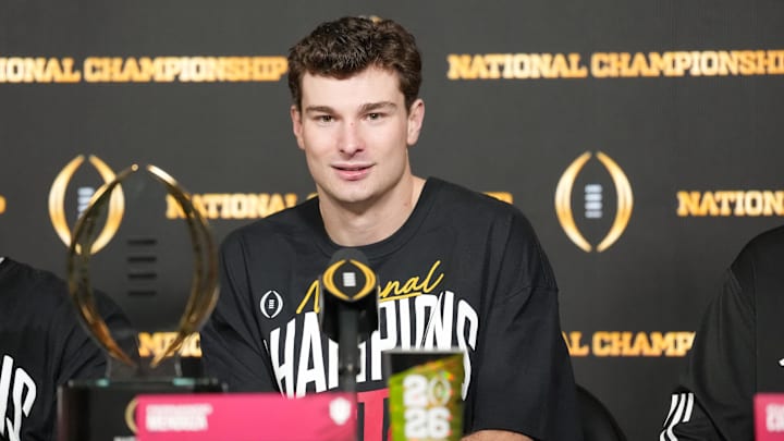 Jan 19, 2026; Miami Gardens, FL, USA; Indiana Hoosiers quarterback Fernando Mendoza (15) speaks to the media after the College Football Playoff National Championship game against the Miami Hurricanes at Hard Rock Stadium. Mandatory Credit: Kirby Lee-Imagn Images
