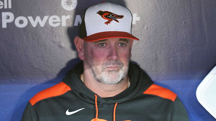 Mar 27, 2025; Toronto, Ontario, CAN; Baltimore Orioles manager Brandon Hyde (18) speaks with the media during batting practice before the opening day game of the Toronto Blue Jays at Rogers Centre