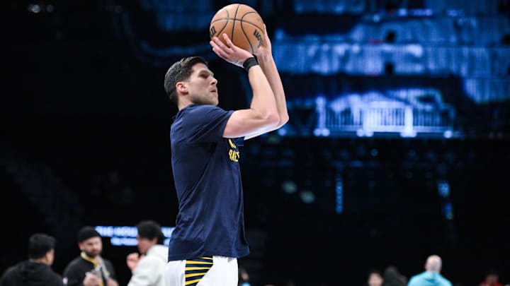 Apr 3, 2024; Brooklyn, New York, USA; Indiana Pacers forward Doug McDermott (20) warms up before a game against the Brooklyn Nets at Barclays Center. Mandatory Credit: John Jones-Imagn Images