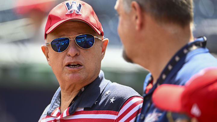 Jul 4, 2023; Washington, District of Columbia, USA; Washington Nationals owner Mark Lerner on the field before the game between the Washington Nationals and the Cincinnati Reds at Nationals Park. 
