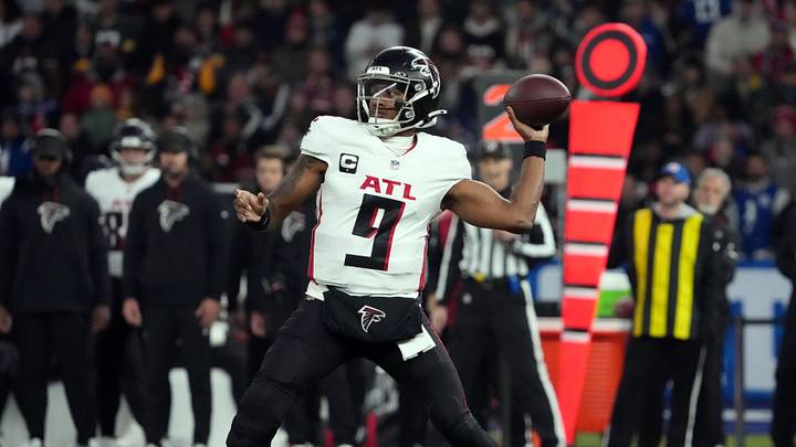 Nov 9, 2025; Berlin, Germany; Atlanta Falcons quarterback Michael Penix Jr. (9) throws a pass against the Indianapolis Colts during the NFL Berlin Game at Olympic Stadium. Mandatory Credit: Kirby Lee-Imagn Images