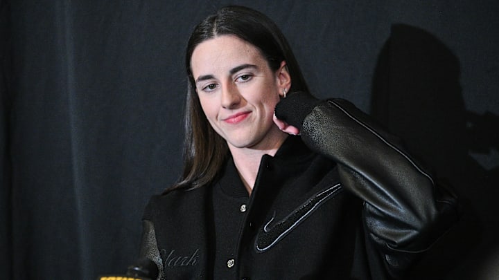Feb 2, 2025; Iowa City, Iowa, USA; Former Iowa Hawkeyes player Caitlin Clark talks with the media before the game against the USC Trojans at Carver-Hawkeye Arena. The Hawkeyes will be retiring the jersey of Clark after the game. Mandatory Credit: Jeffrey Becker-Imagn Images