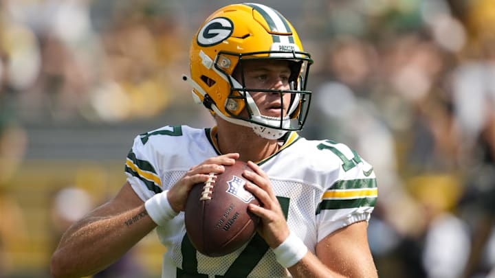 Green Bay Packers quarterback Michael Pratt (17) throws a pass during warmups prior to the game against the Baltimore Ravens at Lambeau Field.