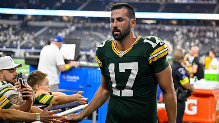 Green Bay Packers place kicker Brandon McManus (17) walks off the field after he kicks the game-tying field goal in overtime during the game between the Dallas Cowboys and the Green Bay Packers at AT&T Stadium.