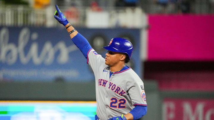 Jul 11, 2025; Kansas City, Missouri, USA; New York Mets right fielder Juan Soto (22) celebrates while running the bases after hitting a solo home run against the Kansas City Royals in the ninth inning at Kauffman Stadium. Mandatory Credit: Denny Medley-Imagn Images