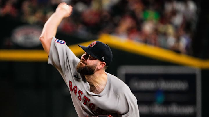 Sep 6, 2025; Phoenix, Arizona, USA; Boston Red Sox pitcher Lucas Giolito (54) pitches during the fifth inning at Chase Field. Mandatory Credit: Arianna Grainey-Imagn Images