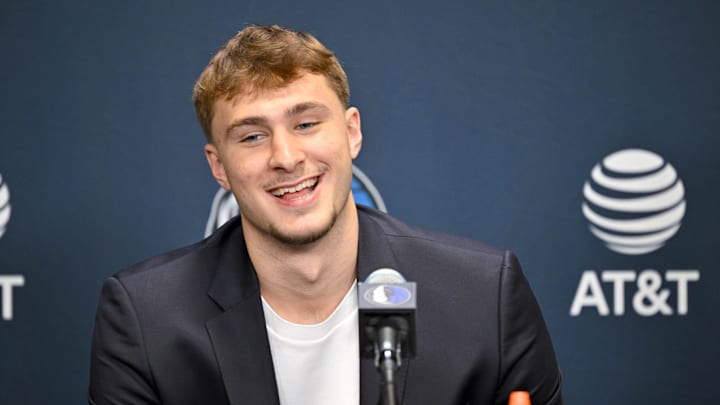 Jun 27, 2025; Dallas, TX, USA; Dallas Mavericks first overall pick Cooper Flagg speaks to the media during a press conference at the Dallas Mavericks Practice Facility. Mandatory Credit: Jerome Miron-Imagn Images Jun 27, 2025; Dallas, TX, USA; Dallas Mavericks first overall pick Cooper Flagg speaks to the media during a press conference at the Dallas Mavericks Practice Facility. Mandatory Credit: Jerome Miron-Imagn Images