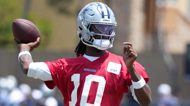 Jul 26, 2025; Oxnard, CA, USA; Dallas Cowboys quarterback Joe Milton (10) throws the ball at training camp at the River Ridge Fields. Mandatory Credit: Kirby Lee-Imagn Images