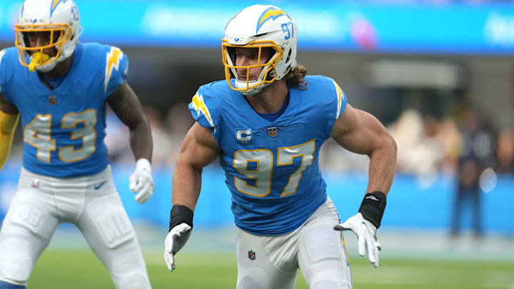Jan 1, 2023; Inglewood, California, USA; Los Angeles Chargers linebacker Joey Bosa (97) against the Los Angeles Rams at SoFi Stadium. Mandatory Credit: Kirby Lee-Imagn Images