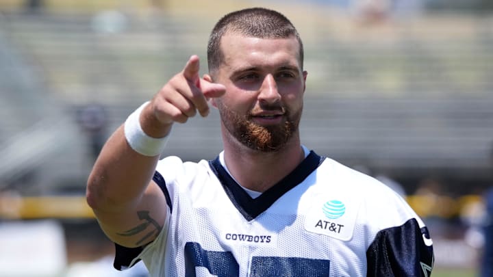 Dallas Cowboys tight end Jake Ferguson during training camp at the River Ridge Fields in Oxnard, California. 