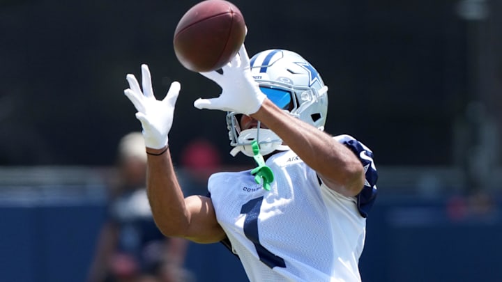 Dallas Cowboys receiver Jalen Tolbert catches the ball at training camp at the River Ridge Fields. Dallas Cowboys receiver Jalen Tolbert catches the ball at training camp at the River Ridge Fields.
