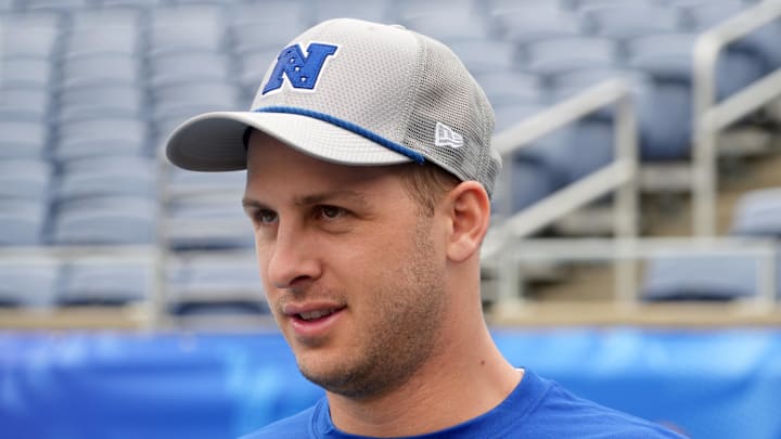 Feb 1, 2025; Orlando, FL, USA; Detroit Lions quarterback Jared Goff (16) during NFC Practice for the Pro Bowl Games at Camping World Stadium. Mandatory Credit: Kirby Lee-Imagn Images