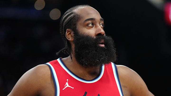 Jan 25, 2025; Inglewood, California, USA; LA Clippers guard James Harden (1) reacts against the Milwaukee Bucks in the second half at Intuit Dome. Mandatory Credit: Kirby Lee-Imagn Images