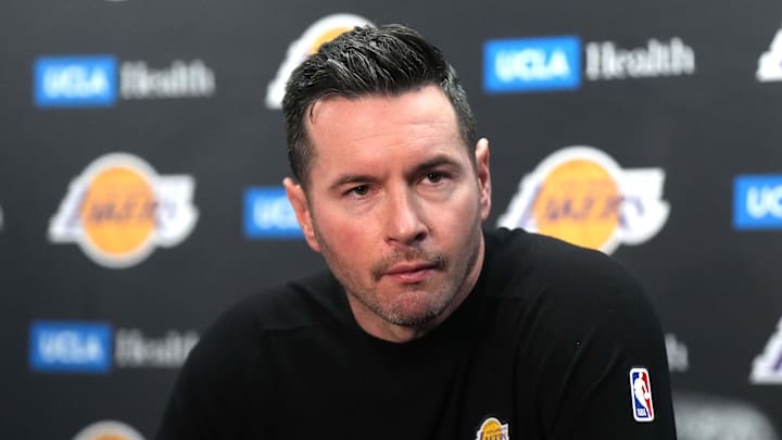 Jan 23, 2025; Los Angeles, California, USA; Los Angeles Lakers coach JJ Redick at a press conference at the Crypto.com Arena. Mandatory Credit: Kirby Lee-Imagn Images