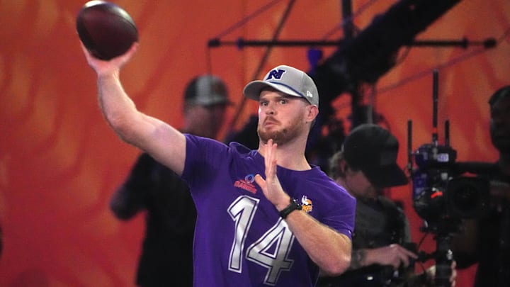 NFC quarterback Sam Darnold throws the ball in the Passing the Test event during the Pro Bowl Skills Challenge at Nicholson Fieldhouse.