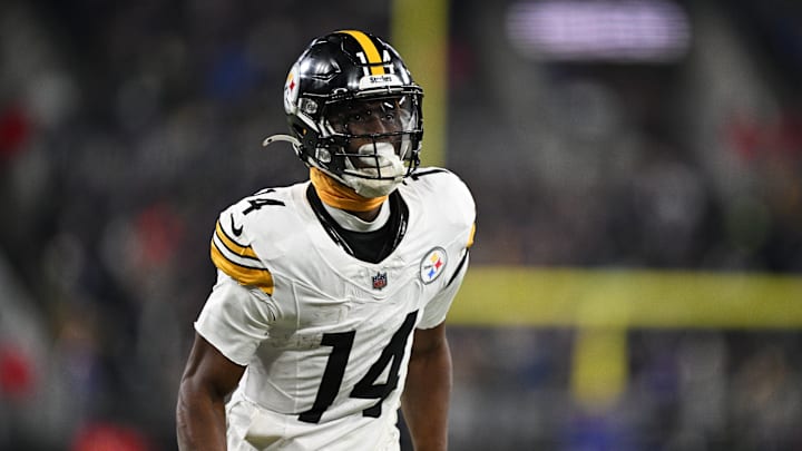 Jan 11, 2025; Baltimore, Maryland, USA; Pittsburgh Steelers wide receiver George Pickens (14) looks on in the third quarter against the Baltimore Ravens in an AFC wild card game at M&T Bank Stadium. Mandatory Credit: Tommy Gilligan-Imagn Images