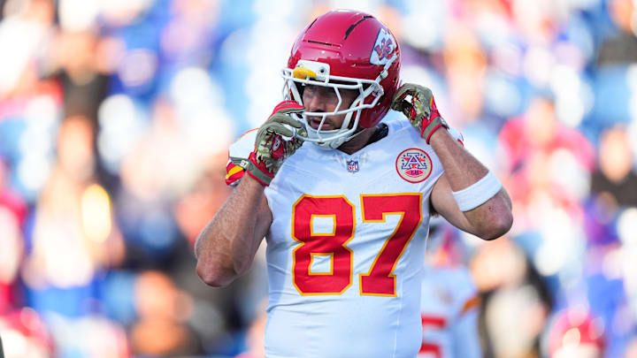 Nov 2, 2025; Orchard Park, New York, USA; Kansas City Chiefs tight end Travis Kelce (87) warms up before the game against the Buffalo Bills at Highmark Stadium. Mandatory Credit: Gregory Fisher-Imagn Images
