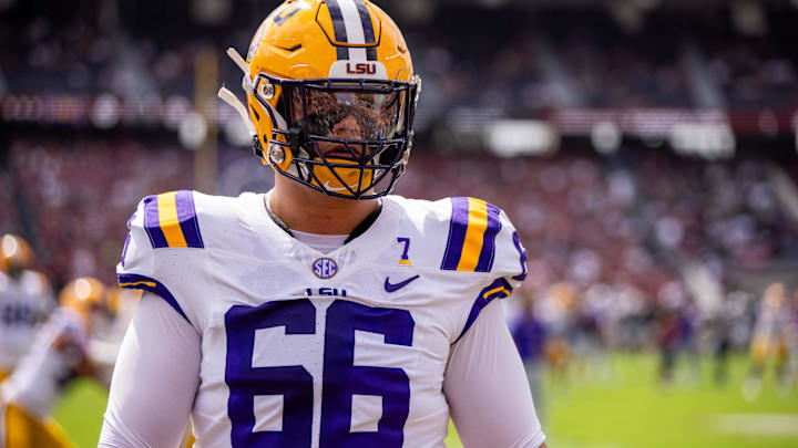 Sep 14, 2024; Columbia, South Carolina, USA; LSU Tigers offensive tackle Will Campbell (66) warms up before a game against the South Carolina Gamecocks at Williams-Brice Stadium. Mandatory Credit: Scott Kinser-Imagn Images