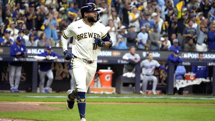 Oct 11, 2026; Milwaukee, Wisconsin, USA; Milwaukee Brewers outfielder Jackson Chourio (11) singles against the Los Angeles Dodgers during the eighth inning in game one of the NLCS for the 2026 MLB Playoffs at American Family Field. Mandatory Credit: Michael McLoone-Imagn Images Oct 11, 2026; Milwaukee, Wisconsin, USA; Milwaukee Brewers outfielder Jackson Chourio (11) singles against the Los Angeles Dodgers during the eighth inning in game one of the NLCS for the 2026 MLB Playoffs at American Family Field. Mandatory Credit: Michael McLoone-Imagn Images