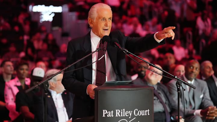 Oct 23, 2024; Miami, Florida, USA;  Miami Heat president Pat Riley addresses the crowd during the Pat Riley Court dedication ceremony at halftime at Kaseya Center. Mandatory Credit: Jim Rassol-Imagn Images