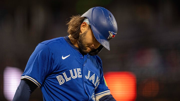 Jul 9, 2024; San Francisco, California, USA; Toronto Blue Jays shortstop Bo Bichette (11) reacts after being called out on strikes San Francisco Giants during the eighth inning at Oracle Park. Jul 9, 2024; San Francisco, California, USA; Toronto Blue Jays shortstop Bo Bichette (11) reacts after being called out on strikes San Francisco Giants during the eighth inning at Oracle Park.