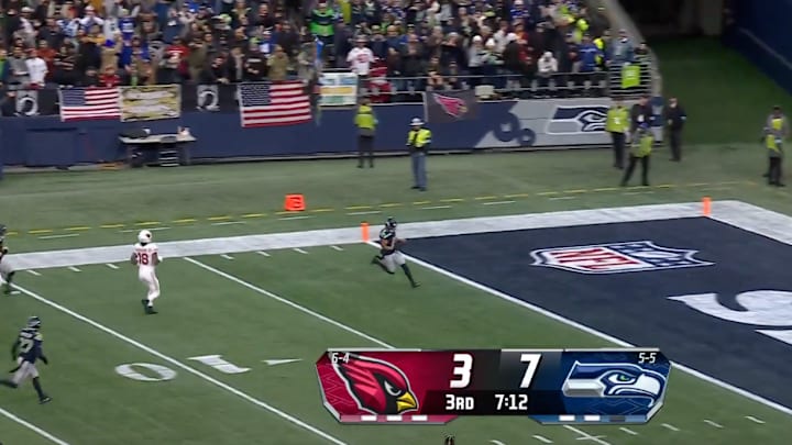 Seattle Seahawks CB Coby Bryant scores after an interception against the Arizona Cardinals. Seattle Seahawks CB Coby Bryant scores after an interception against the Arizona Cardinals.
