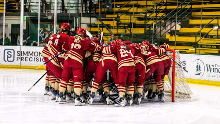 Boston College players huddle up before January 10th game against Holy Cross Boston College players huddle up before January 10th game against Holy Cross
