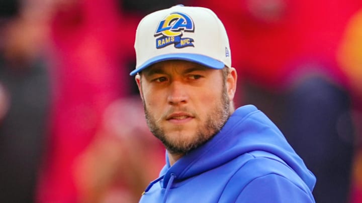 Nov 27, 2022; Kansas City, Missouri, USA; Los Angeles Rams quarterback Matthew Stafford (9) watches warmups prior to a game against the Kansas City Chiefs at GEHA Field at Arrowhead Stadium. Mandatory Credit: Jay Biggerstaff-Imagn Images