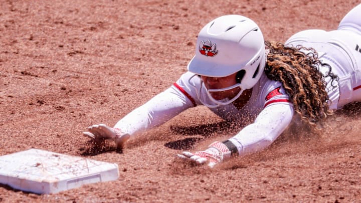 Texas Tech's Desirae Spearman slides into third against BYU during a Big 12 Conference softball game, Saturday, April 4, 2026, at Tracy Sellers Field.