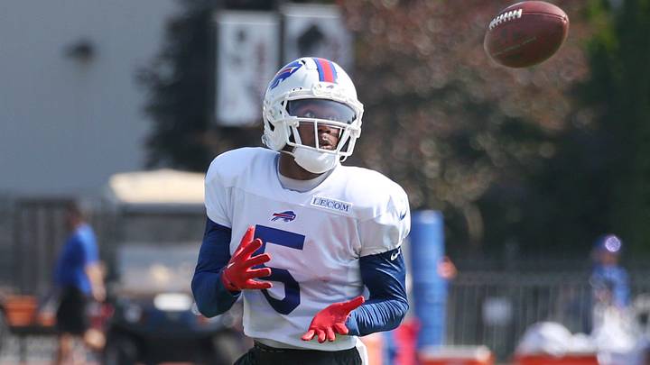 Bills wide receiver Joshua Palmer eyes in a pass during position drills during day five of Buffalo Bills training camp at St. John Fisher University Monday, July 28, 2025 in Pittsford, NY.