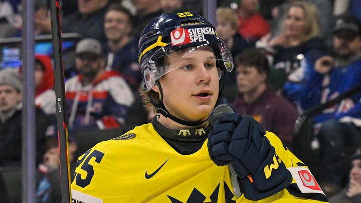 Dec 31, 2025; St. Paul, Minnesota, USA; Sweden forward Eddie Genborg (25) celebrates his power play goal against USA during the second period in group play during the 2026 IIHF World Junior Championship at Grand Casino Arena. Mandatory Credit: Nick Wosika-Imagn Images
