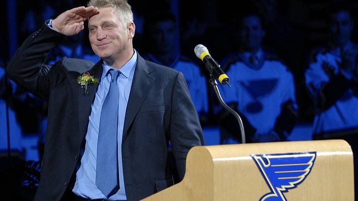 Dec 5, 2006; St. Louis, MO, USA;  Brett Hull acknowledges the fans during the ceremony for his jersey retirement before the Detroit Red Wings and the St. Louis Blues game at the Scottrade Center in St. Louis, MO. Mandatory Credit:Scott Rovak-Imagn Images Copyright © Scott Rovak