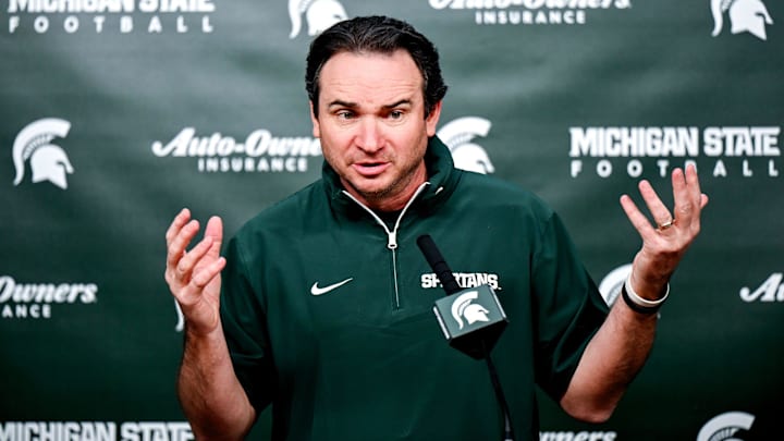 Michigan State coach Jonathan Smith talks the media on the first national signing day for college football recruits Wednesday, Dec. 4, 2024, at Spartan Stadium in East Lansing.
