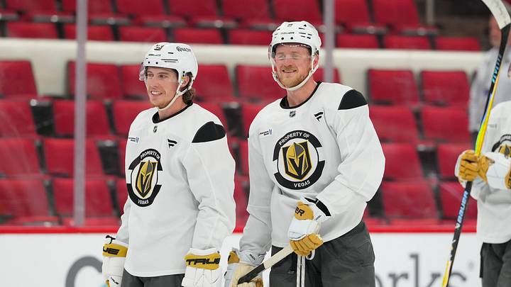Jun 1, 2026; Raleigh, North Carolina, USA; Vegas Golden Knights center Jack Eichel (9) and Vegas Golden Knights right wing Mitch Marner (93) looks on during the practice during media day for the 2026 Stanley Cup Final at Lenovo Center. Mandatory Credit: James Guillory-Imagn Images Jun 1, 2026; Raleigh, North Carolina, USA; Vegas Golden Knights center Jack Eichel (9) and Vegas Golden Knights right wing Mitch Marner (93) looks on during the practice during media day for the 2026 Stanley Cup Final at Lenovo Center. Mandatory Credit: James Guillory-Imagn Images