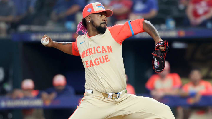 Jul 16, 2024; Arlington, Texas, USA; American League pitcher Emmanuel Clase of the Cleveland Guardians (48) pitches in the ninth inning during the 2024 MLB All-Star game at Globe Life Field. Mandatory Credit: Kevin Jairaj-USA TODAY Sports